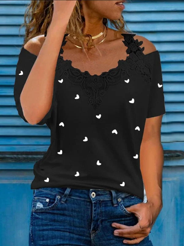 Women's Short Sleeve V-neck Cold Shoulder Lace Graphic Printed Top