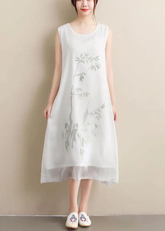 Style White Print Dresses O Neck Sleeveless Robe Summer Dress