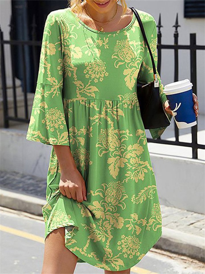 Elegant Temperament Round Neck Mid-length Printed Dress S M L XL 2XL 3XL 4XL 5XL-Hoverseek