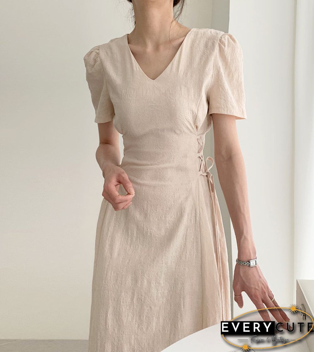 New Women Solid Sides Strap Slim Dress V-neck Short Sleeeves Light Flowers Partern Vestidos Freach Gentle Hot платье