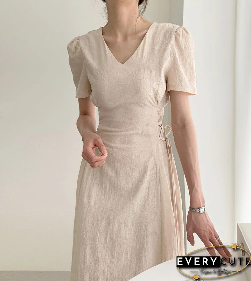 New Women Solid Sides Strap Slim Dress V-neck Short Sleeeves Light Flowers Partern Vestidos Freach Gentle Hot платье
