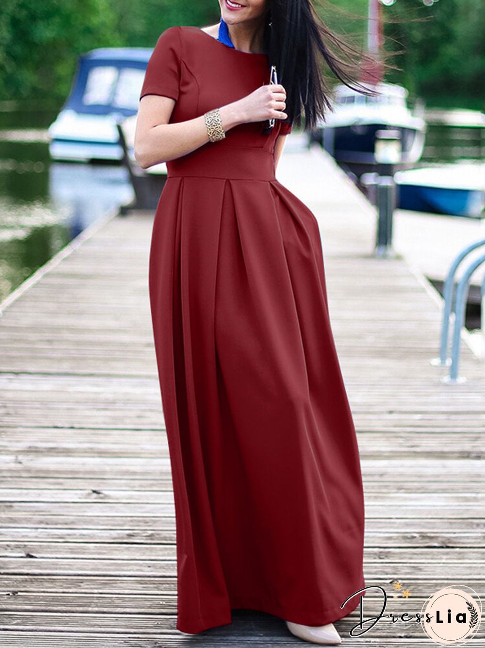 Solid Short Sleeve Pocket Crew Neck Maxi Dress