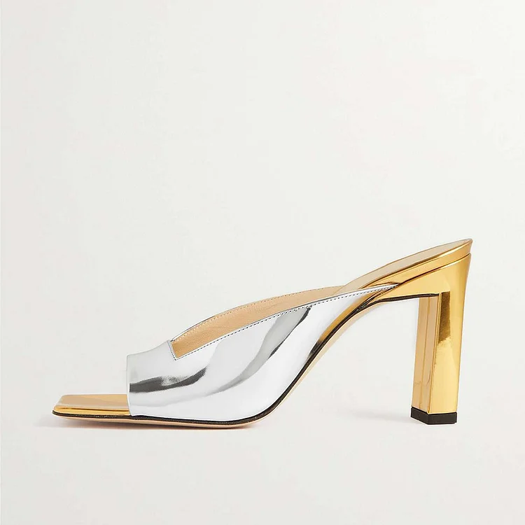 Metallic Gold & Silver Square Toe Slip-On Mules Shoes with Block Heels |FSJ Shoes