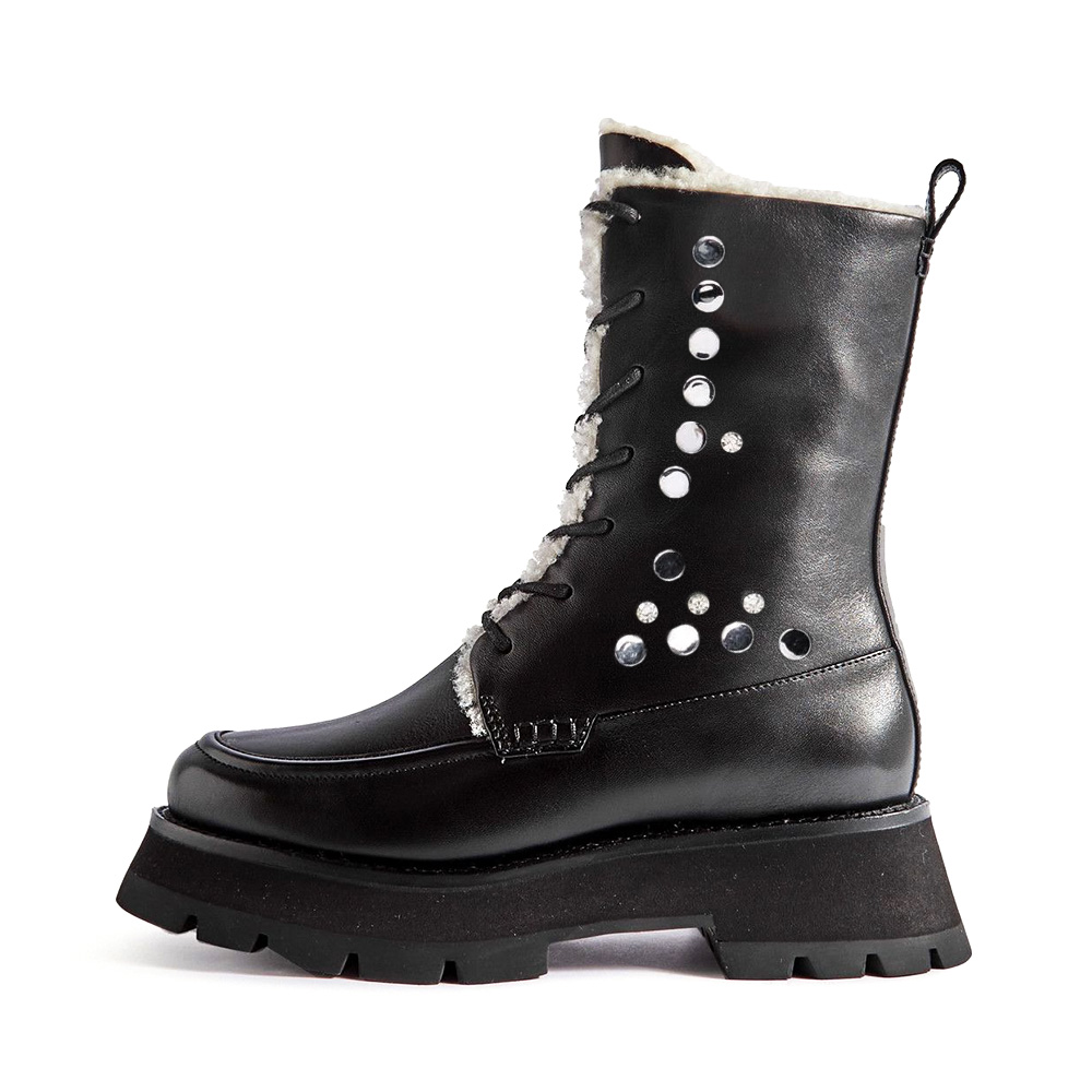 Black Round Toe Studded Lace Up Winter Boots with Platform Nicepairs
