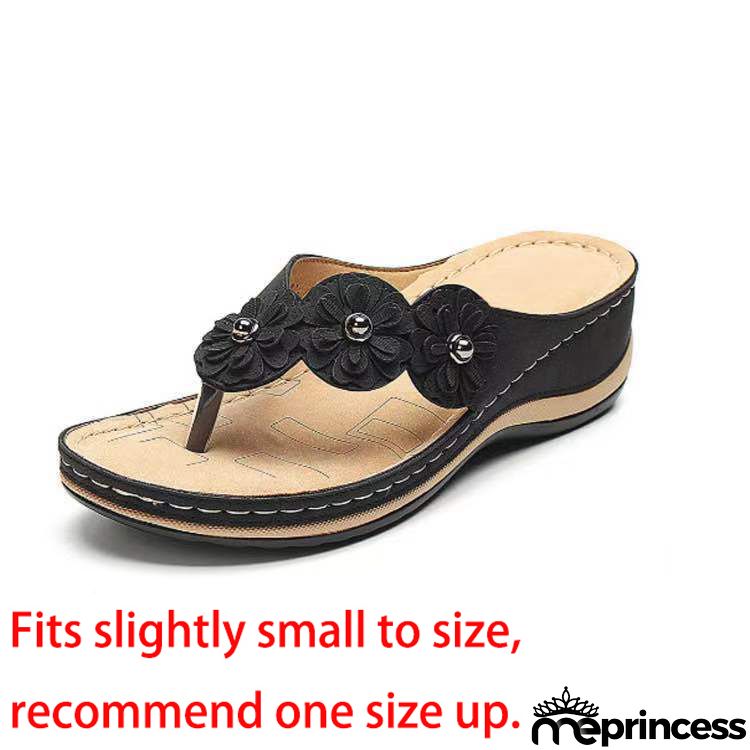 Black Toe Post Low Heel Floral Design Flip Flops
