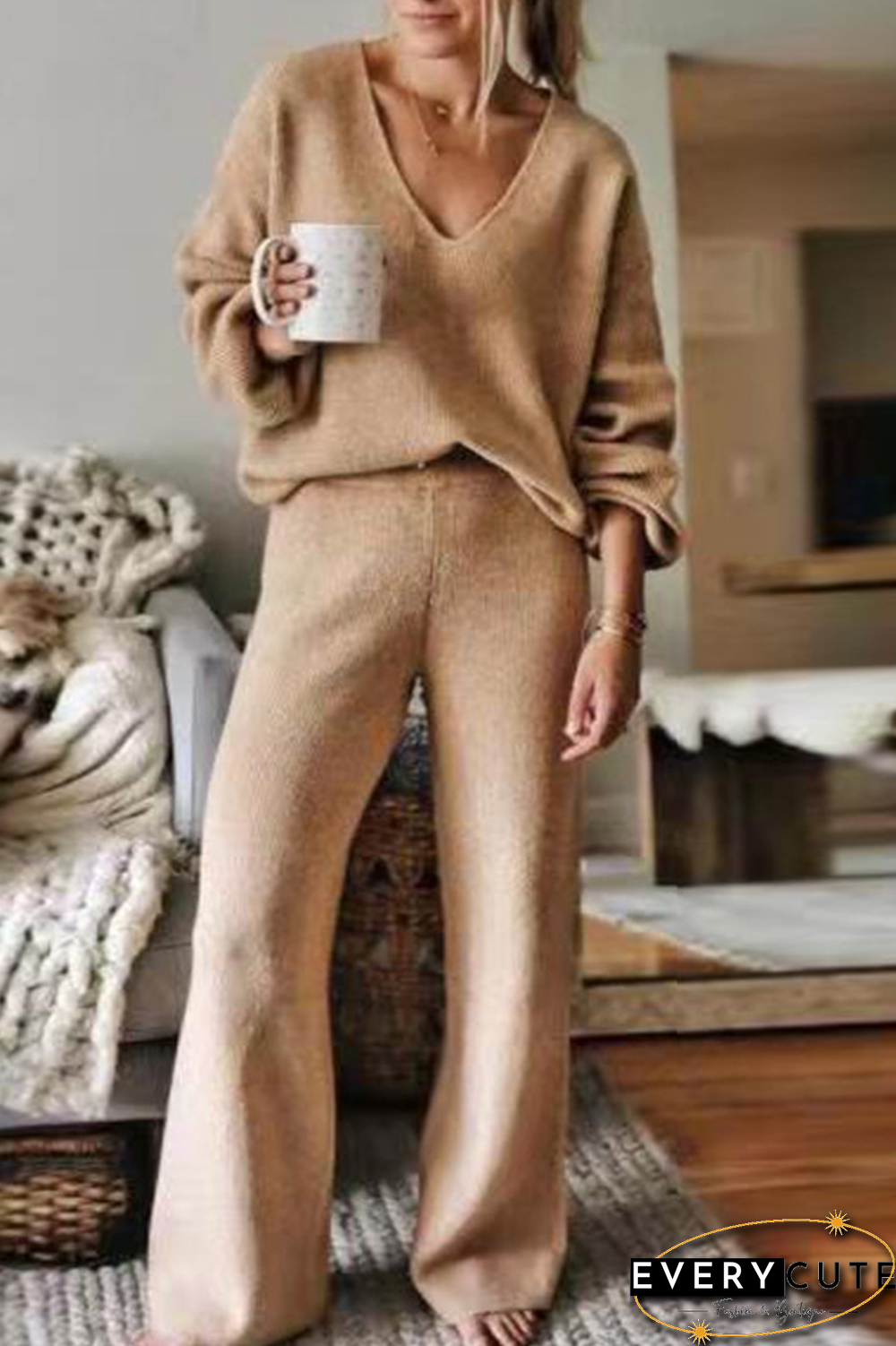 Casual Solid Split Joint V Neck Long Sleeve Two Pieces