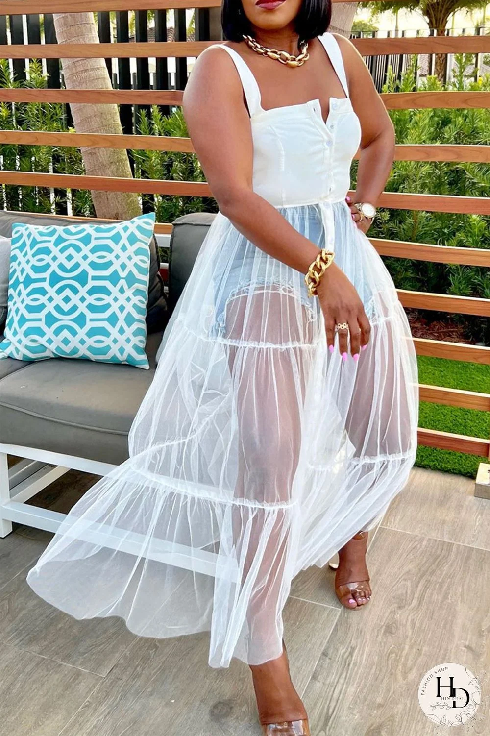 Yellow Casual Simplicity Solid Patchwork Fold Mesh Spaghetti Strap High Waist Tops