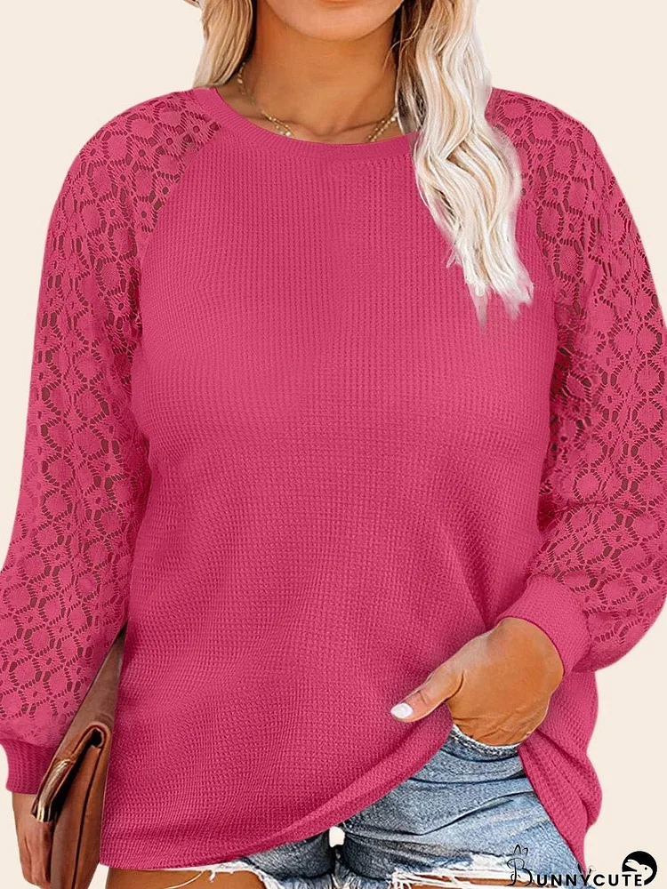 Strawberry Pink Plus Size Contrast Lace Sleeve Waffle Knit Top