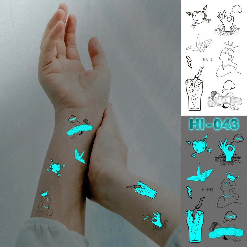 Blue Luminous Glow Tattoo Sticker Mountain Moon Waterproof Temporary Tatoo Nature Forest Sea Fake Tatto For Body Art Women Men
