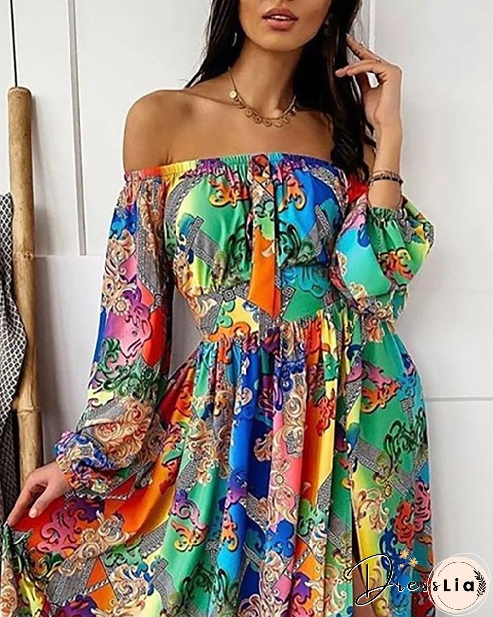 V-neck Pullover Vintage Large Swing Split Print Dress