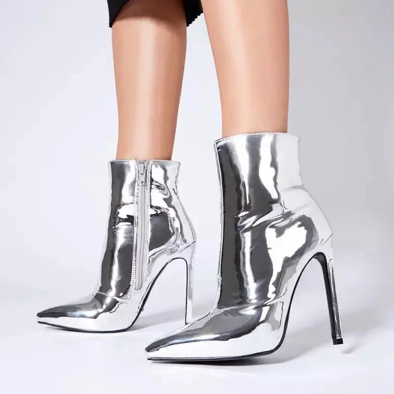 Women's Sexy Patent Leather Pointed Toe Slender Super High Heel Ankle Boots  Novameme