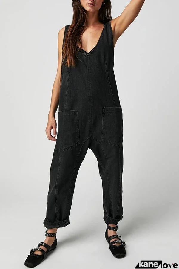 Pocket V Neck Suspender Denim Jumpsuit