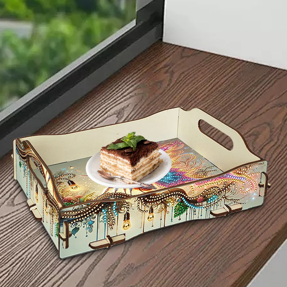 5D DIY Insect Diamond Painting Wooden Serving Tray with Handle for Coffee Table