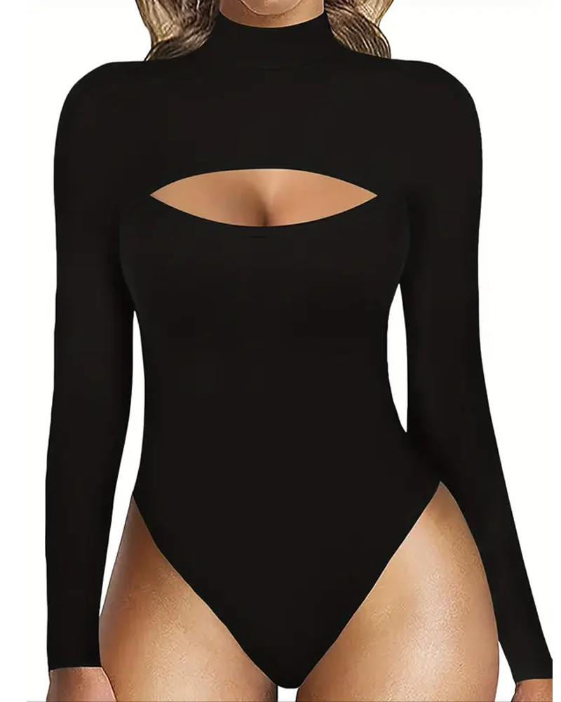 High-Neck Openwork Design Slim-Fitting Long-Sleeved Bodysuit