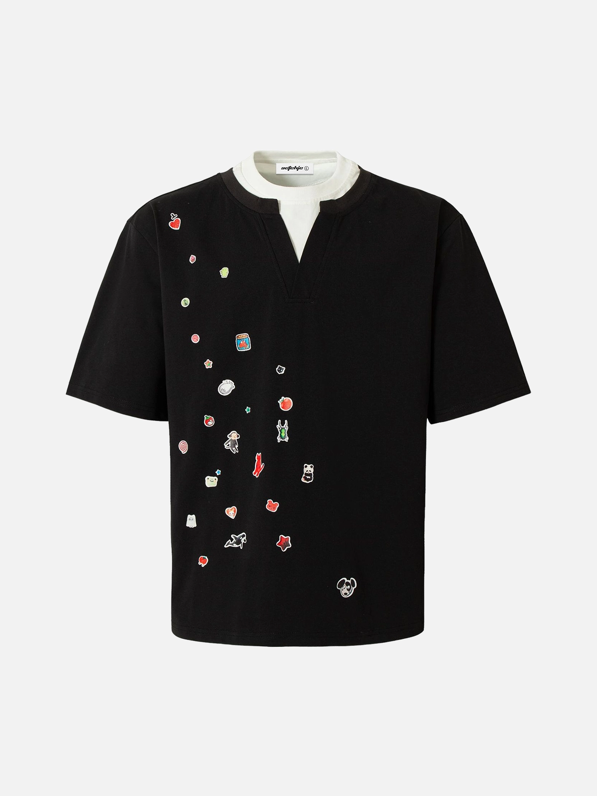 Black Act Chic Two Layer Cartoon Sticker Print Tee Front