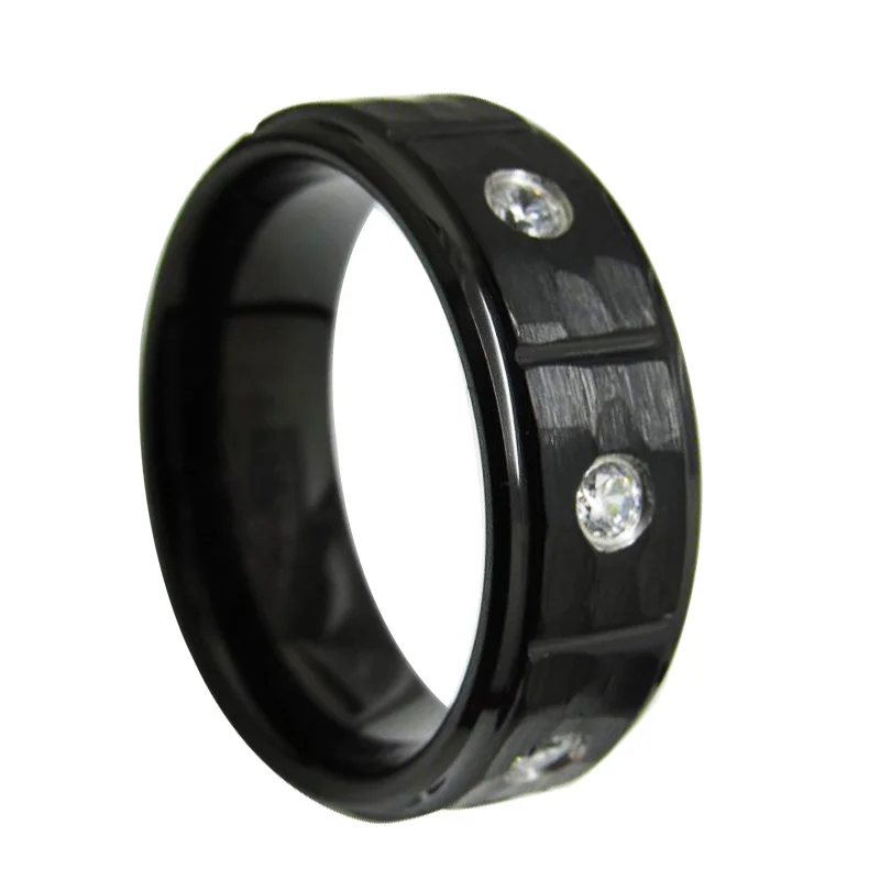 Black Tungsten Carbide Rings With Open-Step Hammered Pattern Eight-Slot Vacuum Electric Womens And Mens 