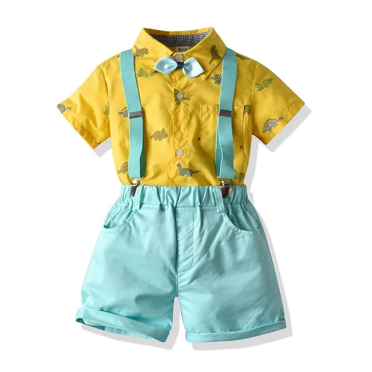 Boys Yellow Dinosaur Shirt With Bowtie And Blue Shorts 4-Set Suits-Mayoulove