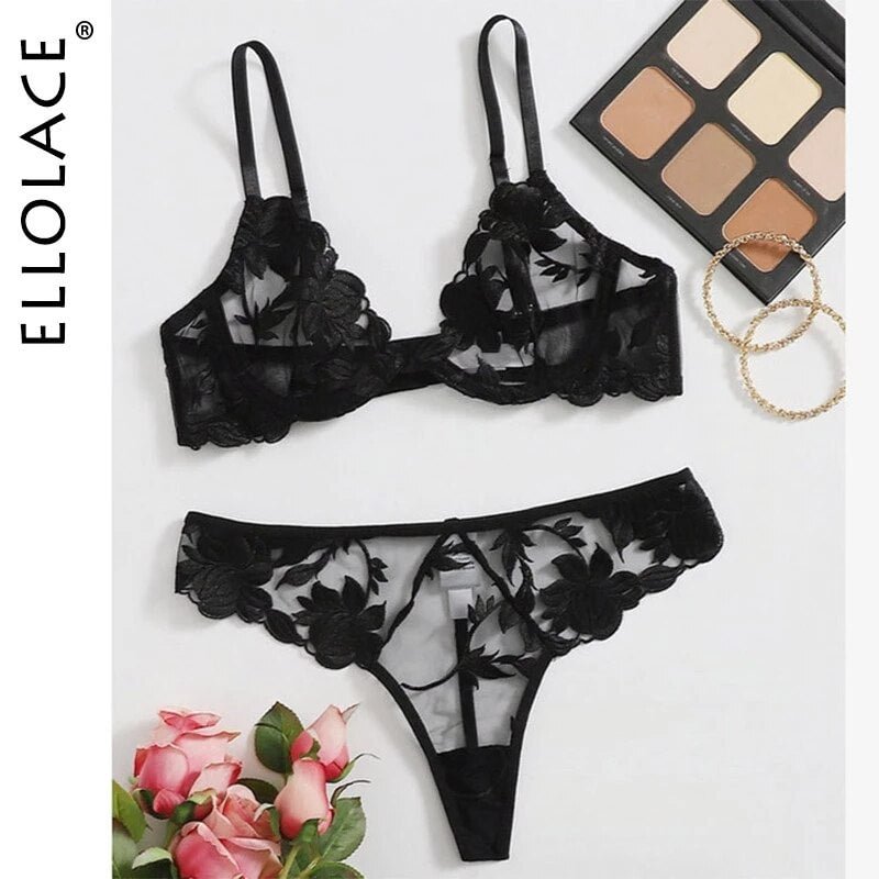Ellolace Exotic Sensual Lingerie Woman Sexy Transparent Underwear Set Black Erotic Costumes Hot Sex Lace Underwire Intimate
