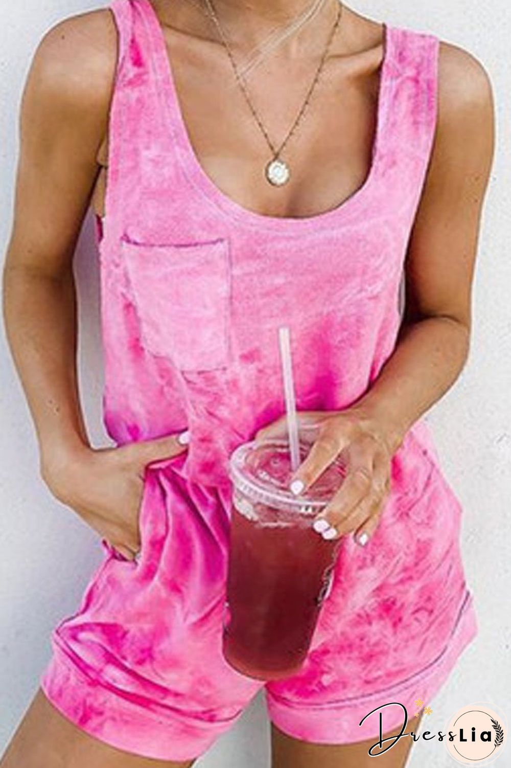 Tie Dye Round Neck Pocket Romper