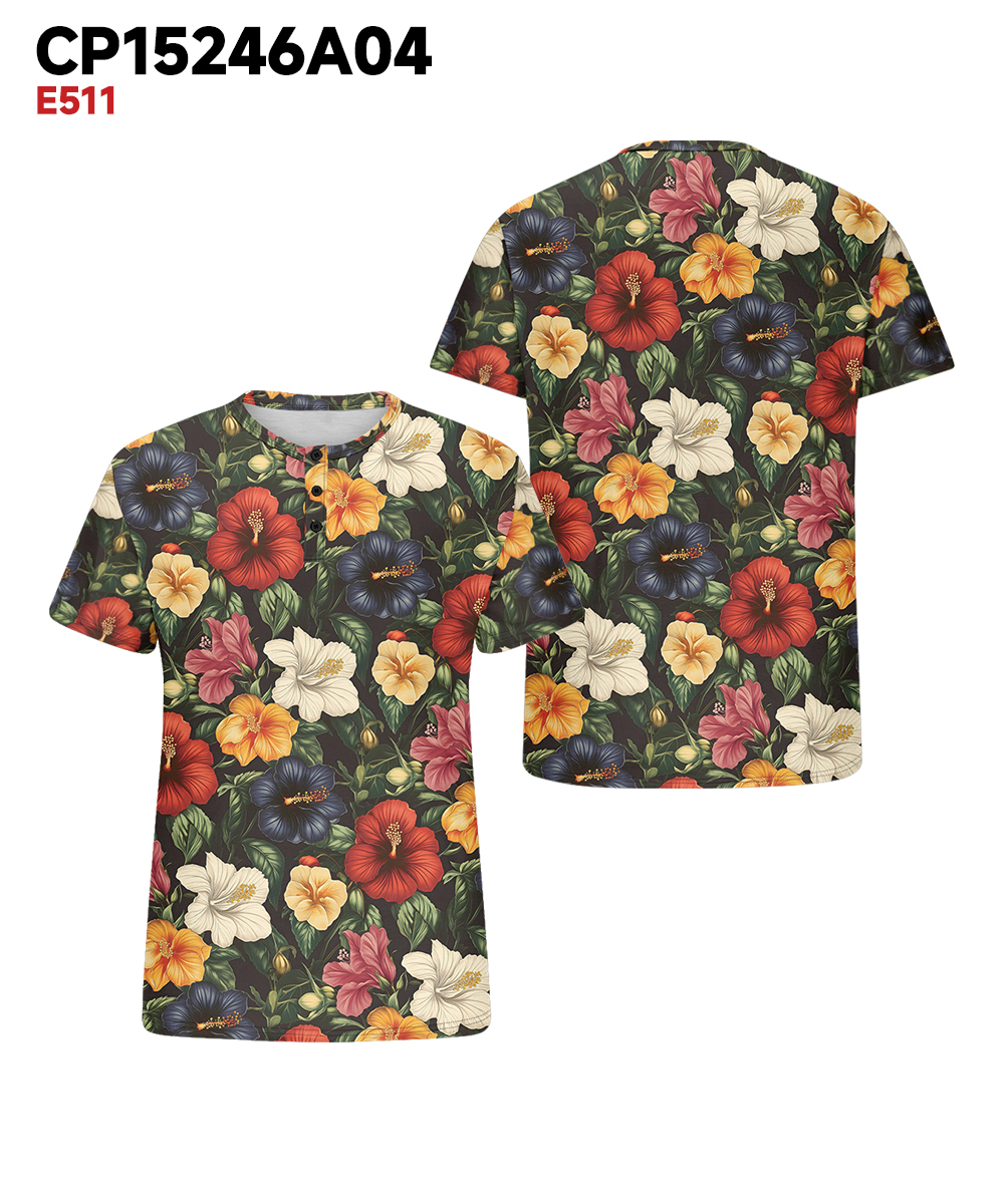 Men's Plus Size Hawaiian Vintage Floral Print Henry Collar Button Short Sleeve Tee