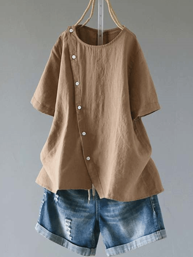 Women's Casual Irregular Cotton Linen Crew Neck T-Shirt