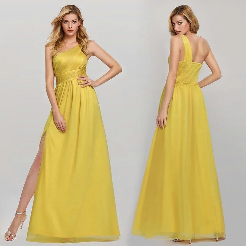 Elegant Yellow One Shoulder Prom Dress Long Evening Party Gowns With Split