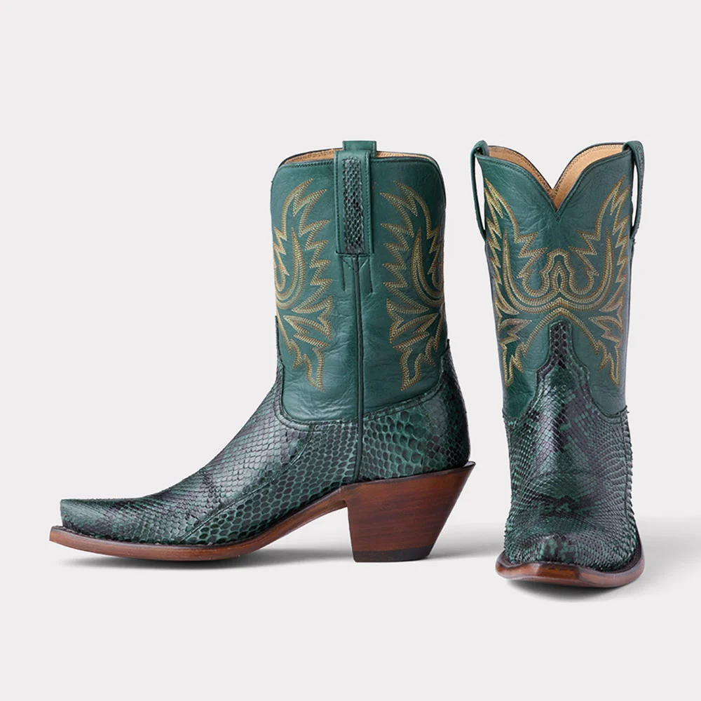 Green Python Embossed Snip Toe Cowgirl Boots with Embroidery