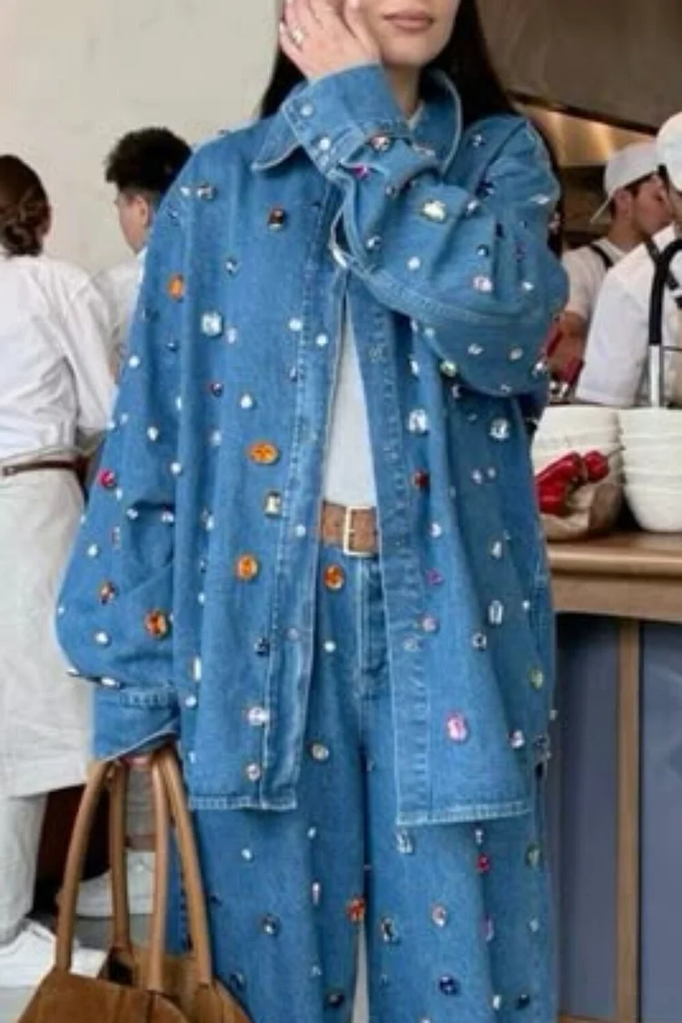 Plus Size Party Blue Shirt Collar Long Sleeve Drilling Casual Denim Jacket [Pre-Order] 2024 - Xpluswear