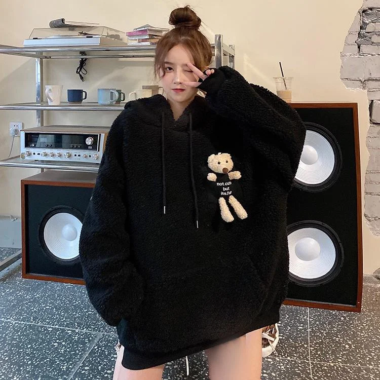 Kawaii Bear Fleece Winter Women Sweatshirts Hoodies Fashion Cute Doll Pullover Oversized Casual Loose Warm Clothes Streetwear