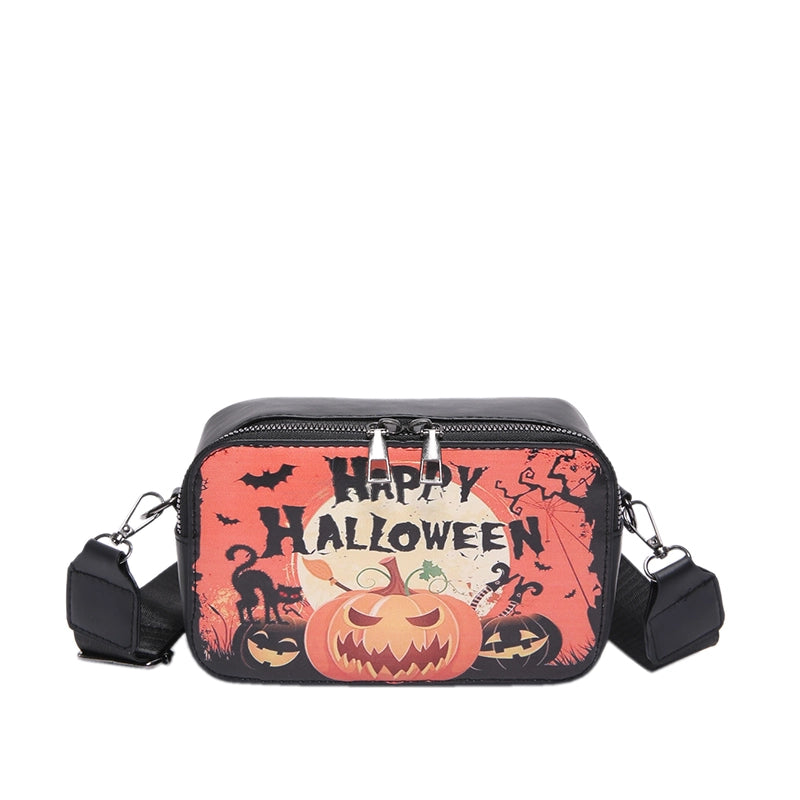 Halloween Women’s Pu Leather Pumpkin Letter Ghost Streetwear Square Zipper Shoulder Bag Crossbody Bag