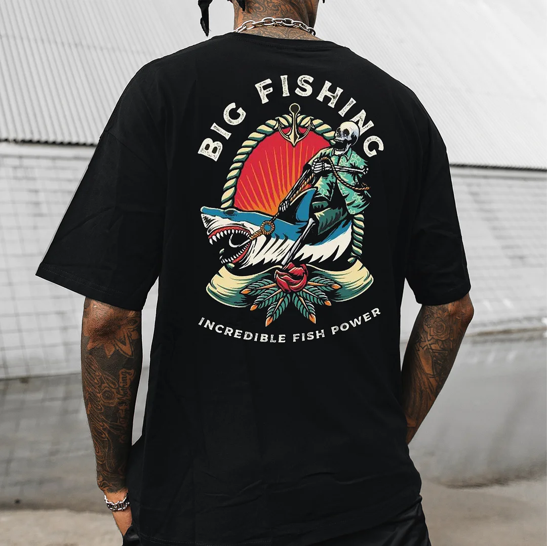 BIG FISHING INCREDIBLE FISH POWER Skeleton&Shark Print Men's T-shirt