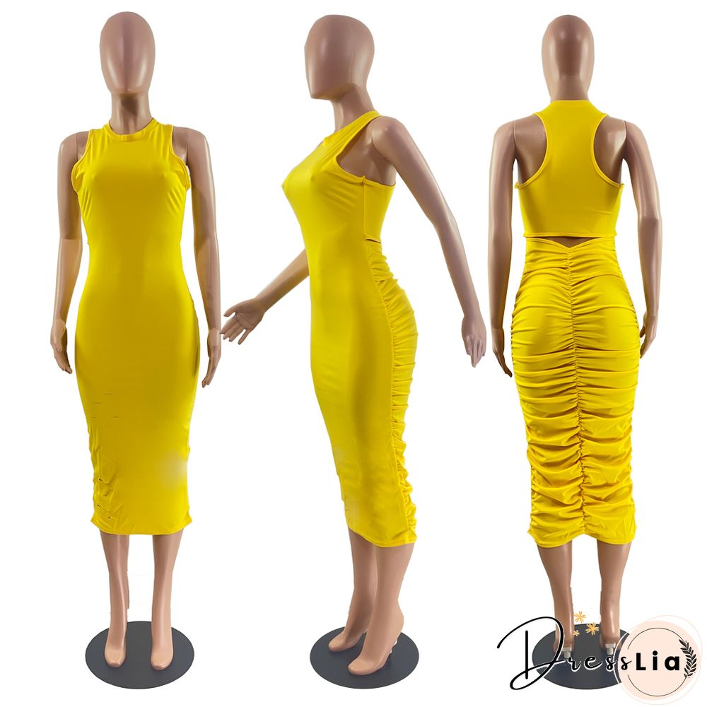 Solid Color Sleeveless Holes Draw Pleated Dresses