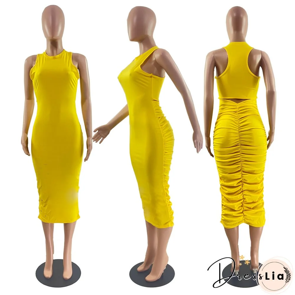 Solid Color Sleeveless Holes Draw Pleated Dresses