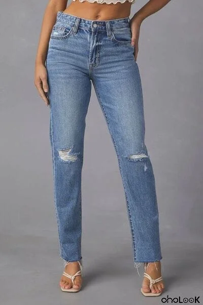 Distressed Raw Hem Straight Jeans with Pockets