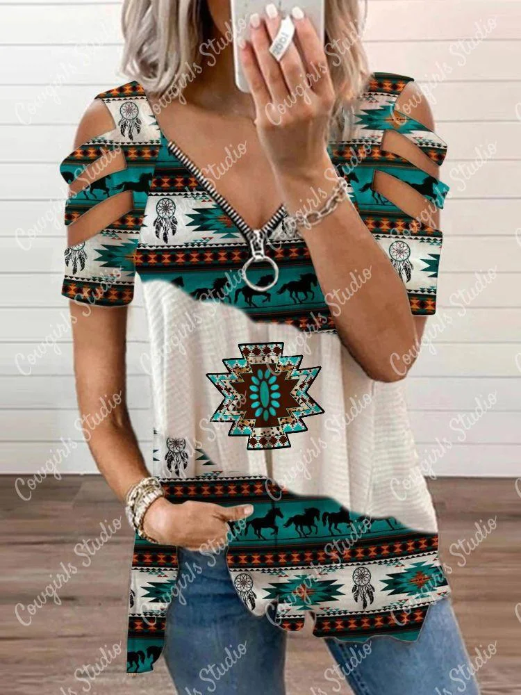 V-Neck Western Print Casual Women's T-Shirt