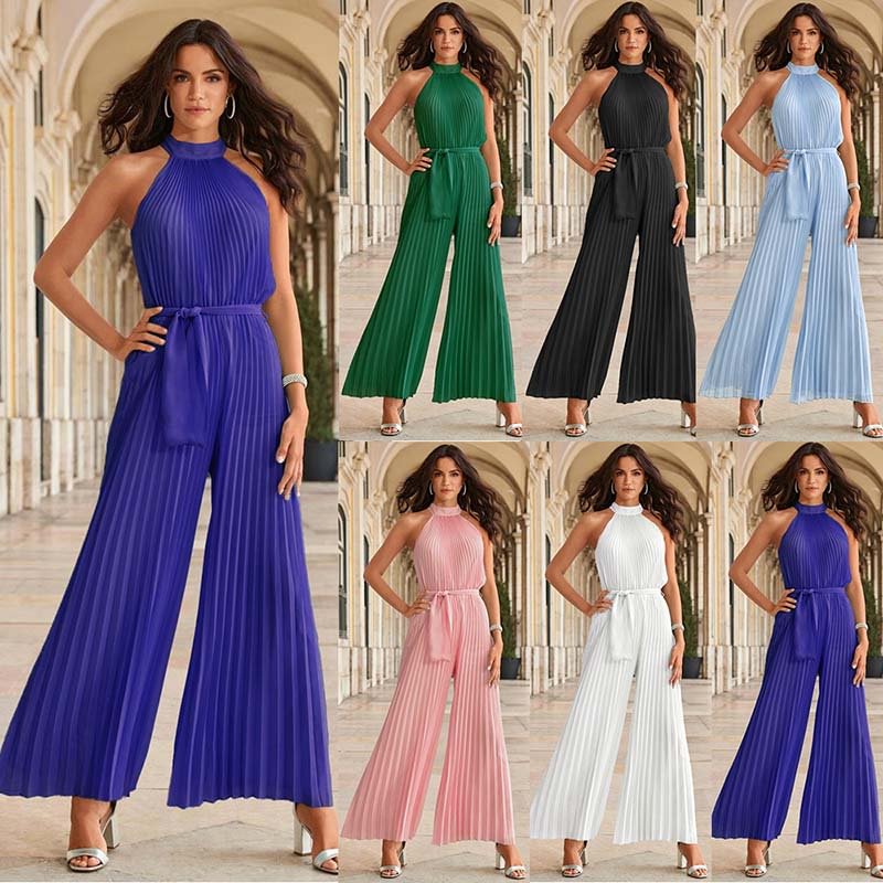 Solid Color Elegant Halter Sleeveless Pleated Ruched Jumpsuit Wide Leg Pants