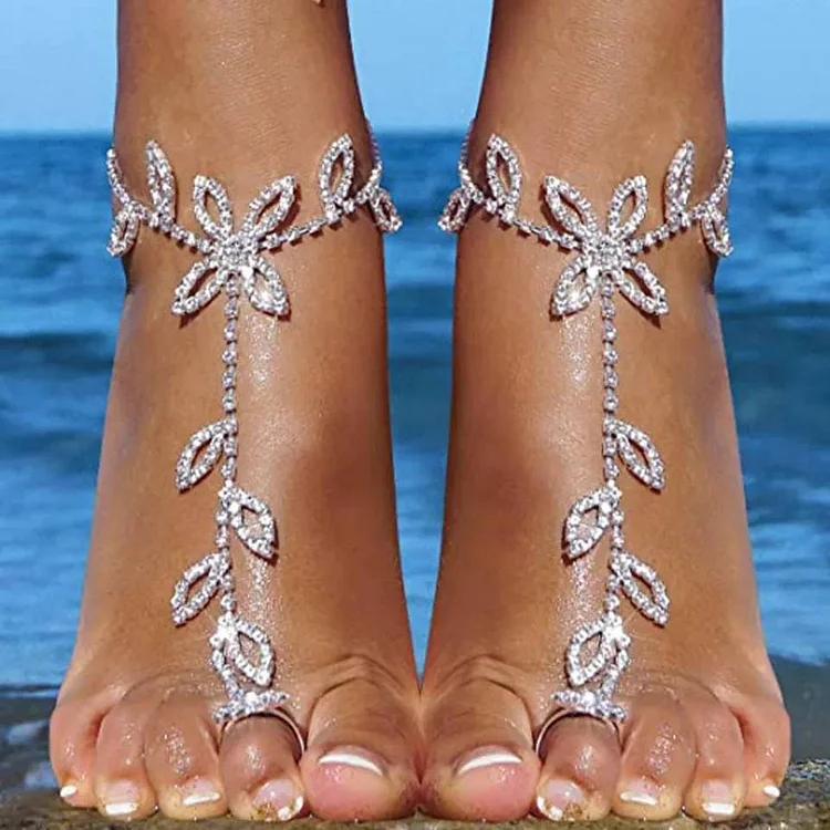 2 pc Women's Adjustable Chain Barefoot Sandals Beach Wedding Jewelry Anklet with Rhinestone Toe Ring Leaf Bridal Toe