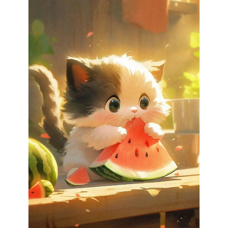 Kitten Eating Watermelon 30*40CM(Canvas) Full Round Drill Diamond Painting gbfke