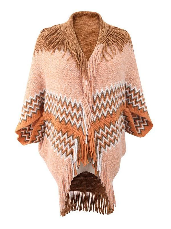 Women's V-neck 3/4 Sleeve Knit Shawl Fringed Hem Colorblock Sweater Top