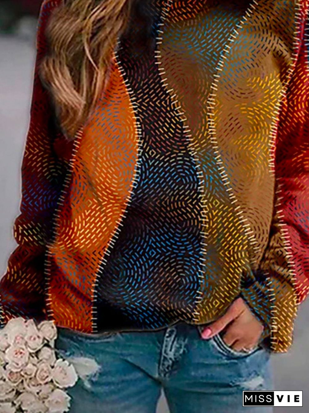 Cotton-Blend Long Sleeve Floral-Print Crew Neck Sweatshirts