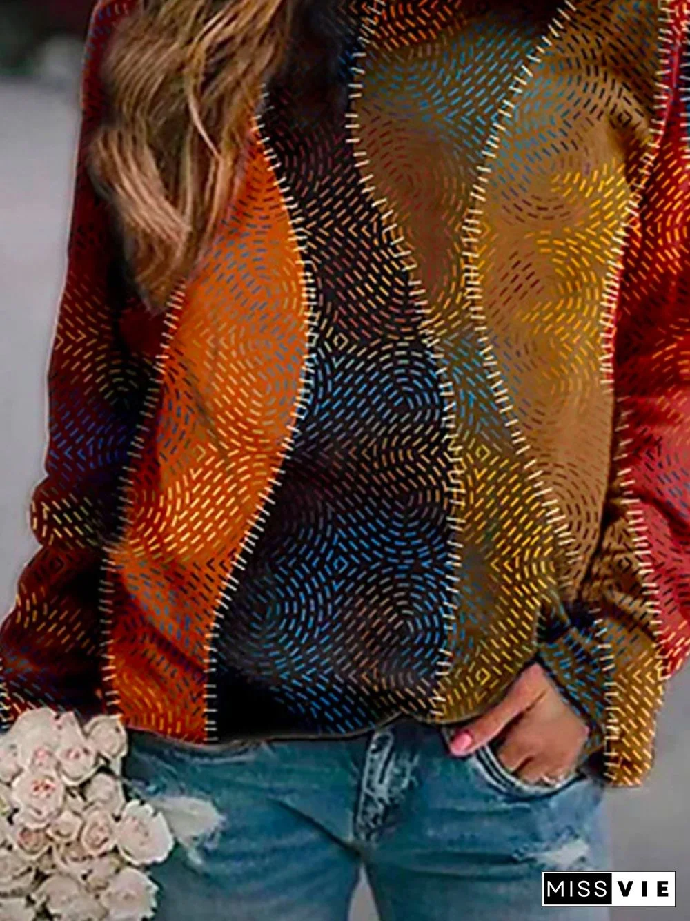 Cotton-Blend Long Sleeve Floral-Print Crew Neck Sweatshirts