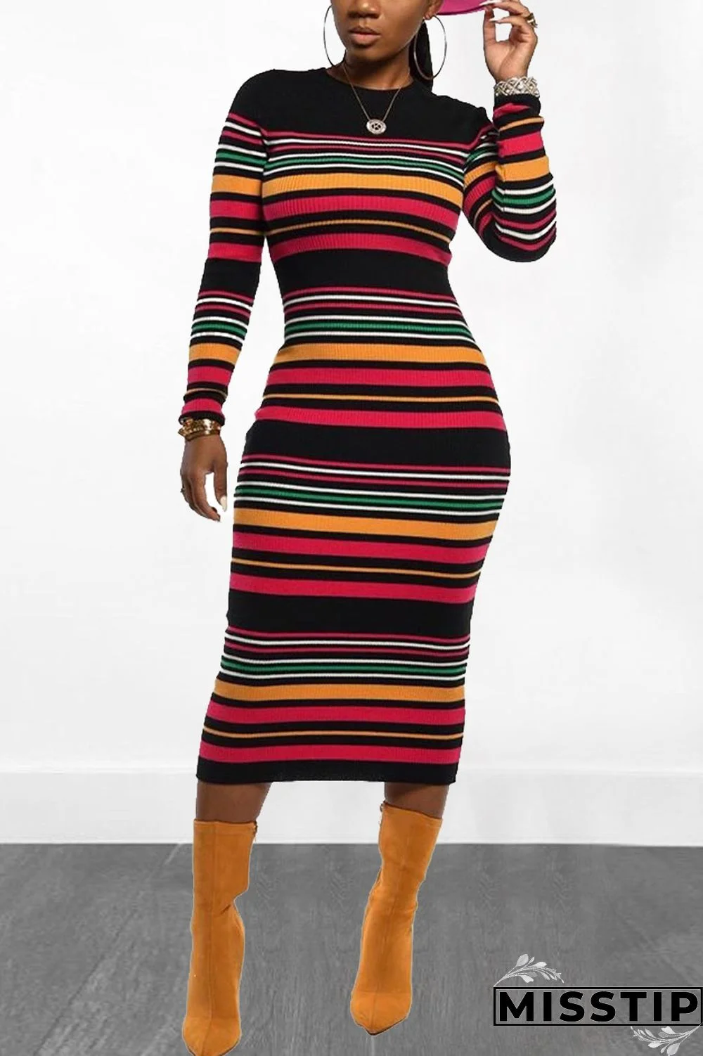 Black Casual Long Sleeve Striped Dress