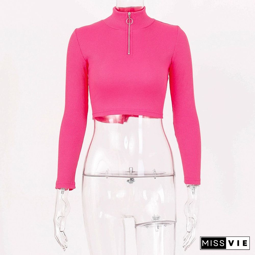 Autumn Fashion Women Crop Top Long Sleeves Zipper Crop Top