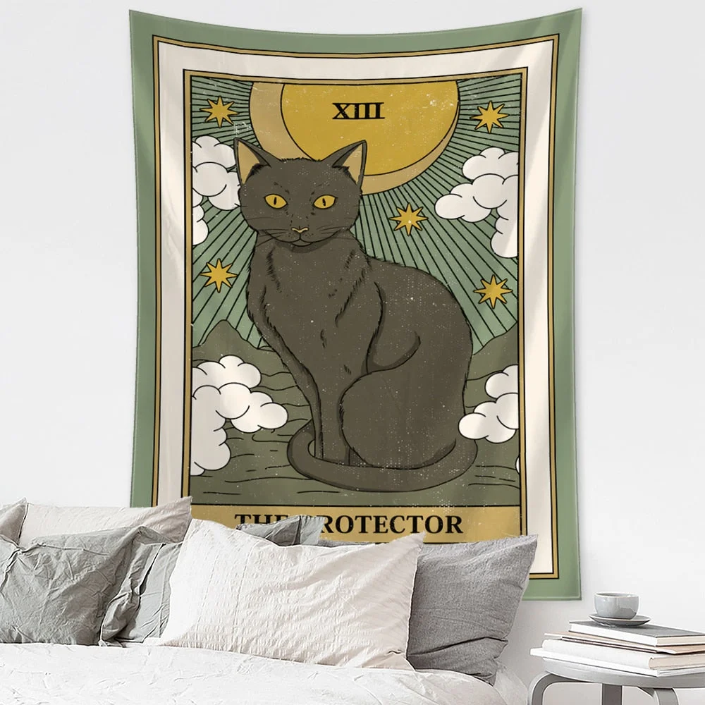 Cartoon Cat Tarot Tapestry Wall Hanging Mysterious Psychedelic Witchcraft Tapiz Hippie Kawaii Home Decor
