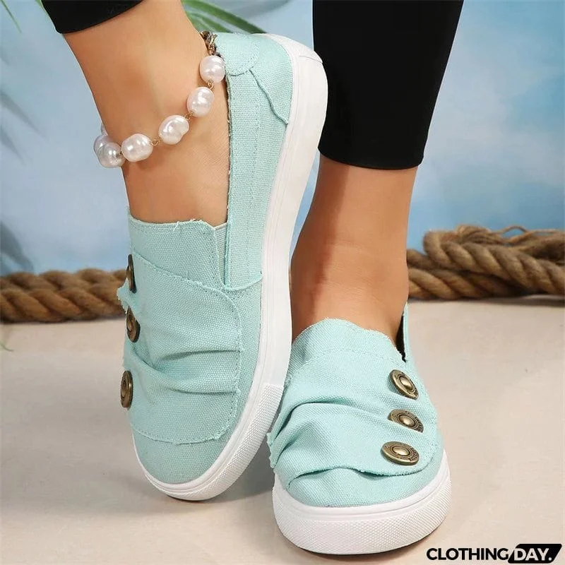 Pleated Metal Buckle Canvas Flat Loafers for Women