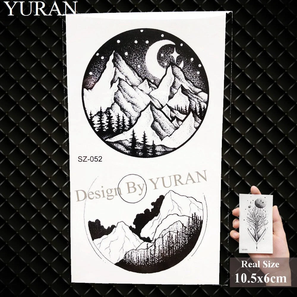 YURAN Black Mountain River Geometric Tattoo Stickers Women Body Arm Moon Temporary Tattoo Men Ankle Wolf Round Fake Tatoo 3D