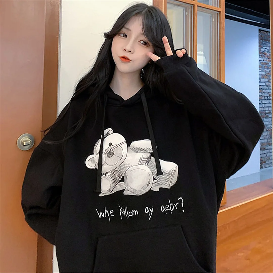 Lourdasprec Black Cute Bear Print Sweatshirt Hoodie Hip Hop Cartoon Sweatshirt Winter Oversized Harajuku Loose Anime Coats Streetwear