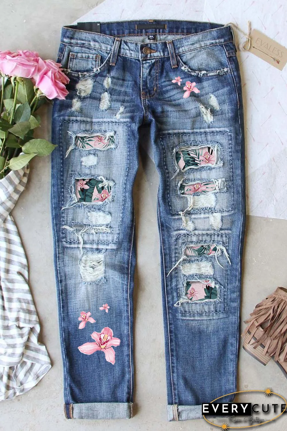 Sky Blue Flower Leaves Patchwork Mid Rise Distressed Jeans