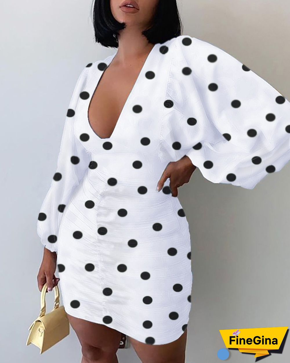 Polkadot Print Lantern Sleeve Ruched Dress