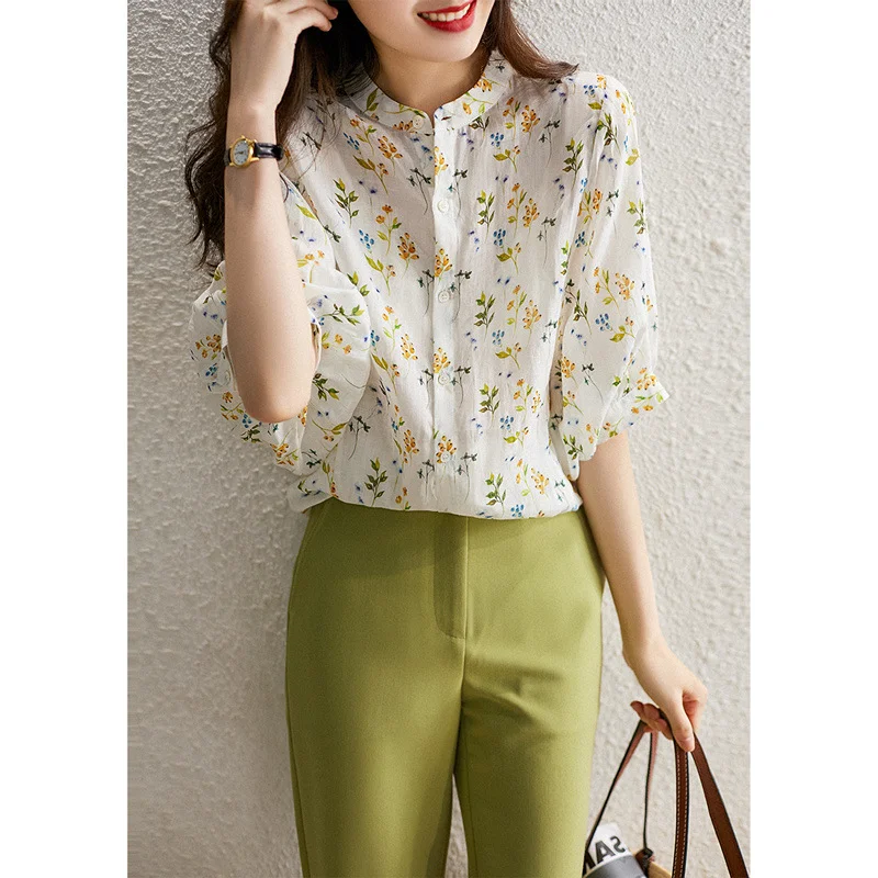 Uveng Uveng Goods Export Counter Original Single Tail Goods Elegant Age-Old Bubble Sleeve Print White Shirt Top Woman